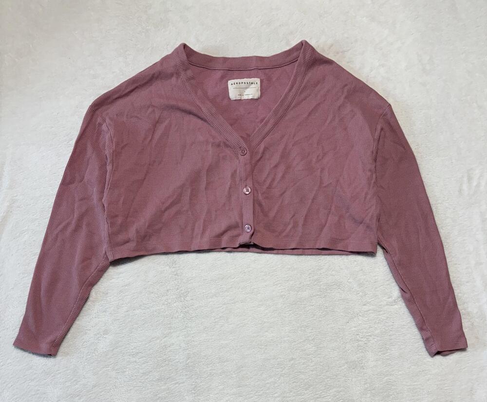 Aeropostale Cardigan Sweater Womens Small Mauve Cropped Waffle Button Front